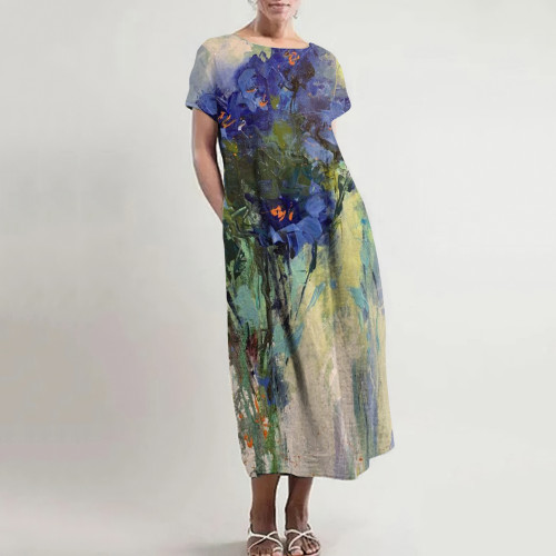 Oil Painting Floral Pattern Women'S Dress