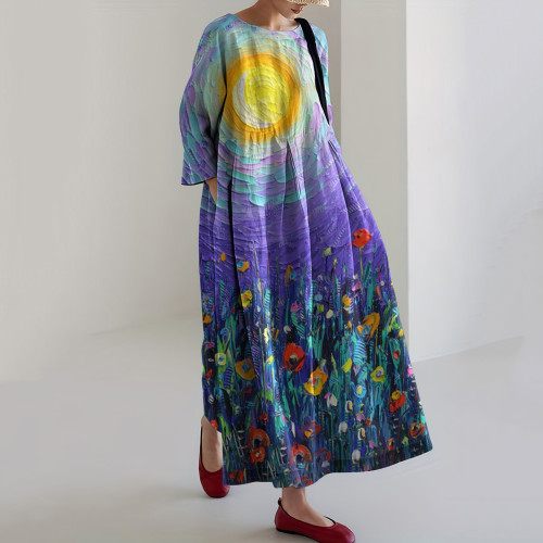 Oil Painting Floral Pattern Women'S Long Dress