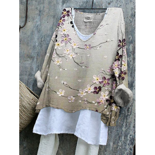 Oil Painting Flower Print Linen Blend Flowy Tunic