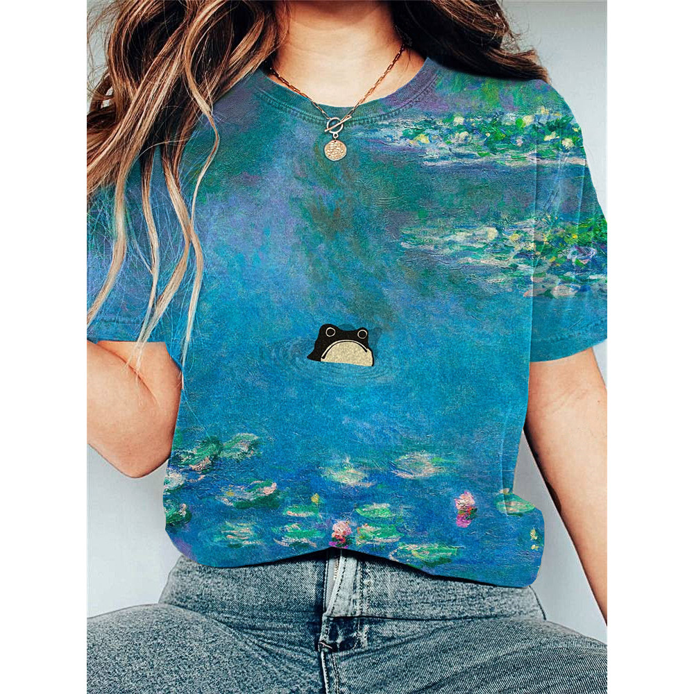 Oil painting Waterlily & Frog Print Casual T-shirt