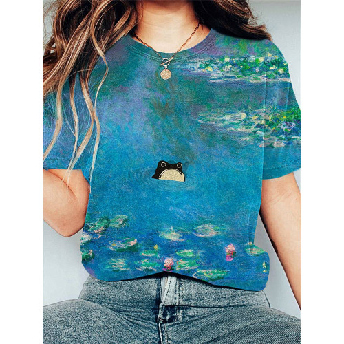 Oil painting Waterlily & Frog Print Casual T-shirt