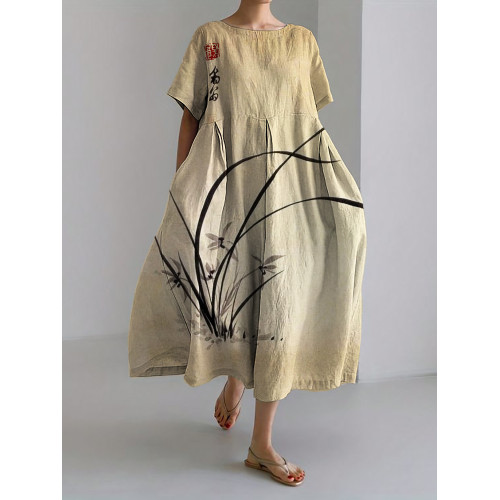 Orchid Japanese Art Linen Blend Maxi Dress