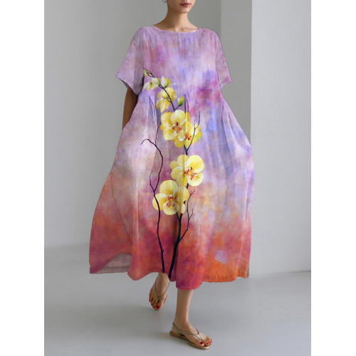 Orchid Japanese Art Print Linen Blend Maxi Dress
