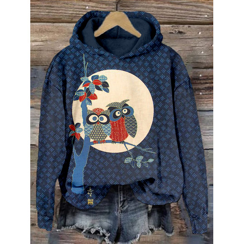 Owls on Tree Japanese Art Vintage Cozy Hoodie
