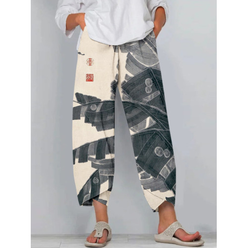 Palm Leaves Japanese Art Cropped Casual Pants