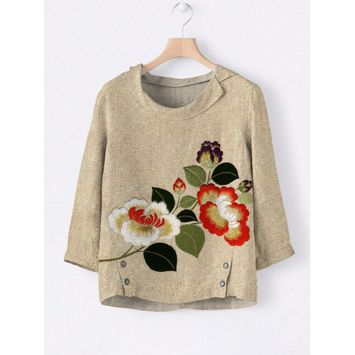 Peony Embroidery Linen Lapel Shirt