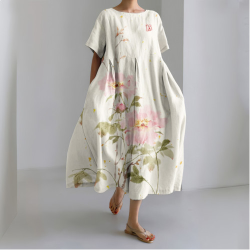 Peony Print Round Neck Short Sleeve Midi Dress