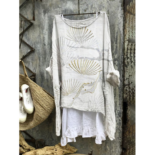 Pine Leaf Japanese Art Print Linen Blend Tunic