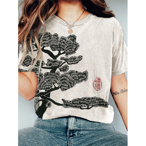 Pine Tree Japanese Lino Art Vintage T Shirt