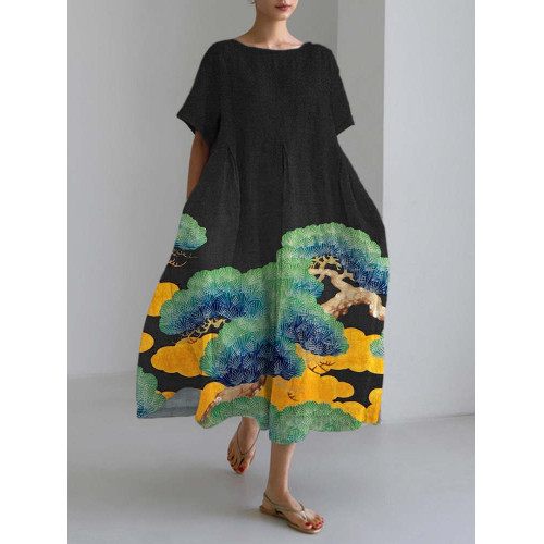 Pine Tree Japanese Print Linen Blend Maxi Dress