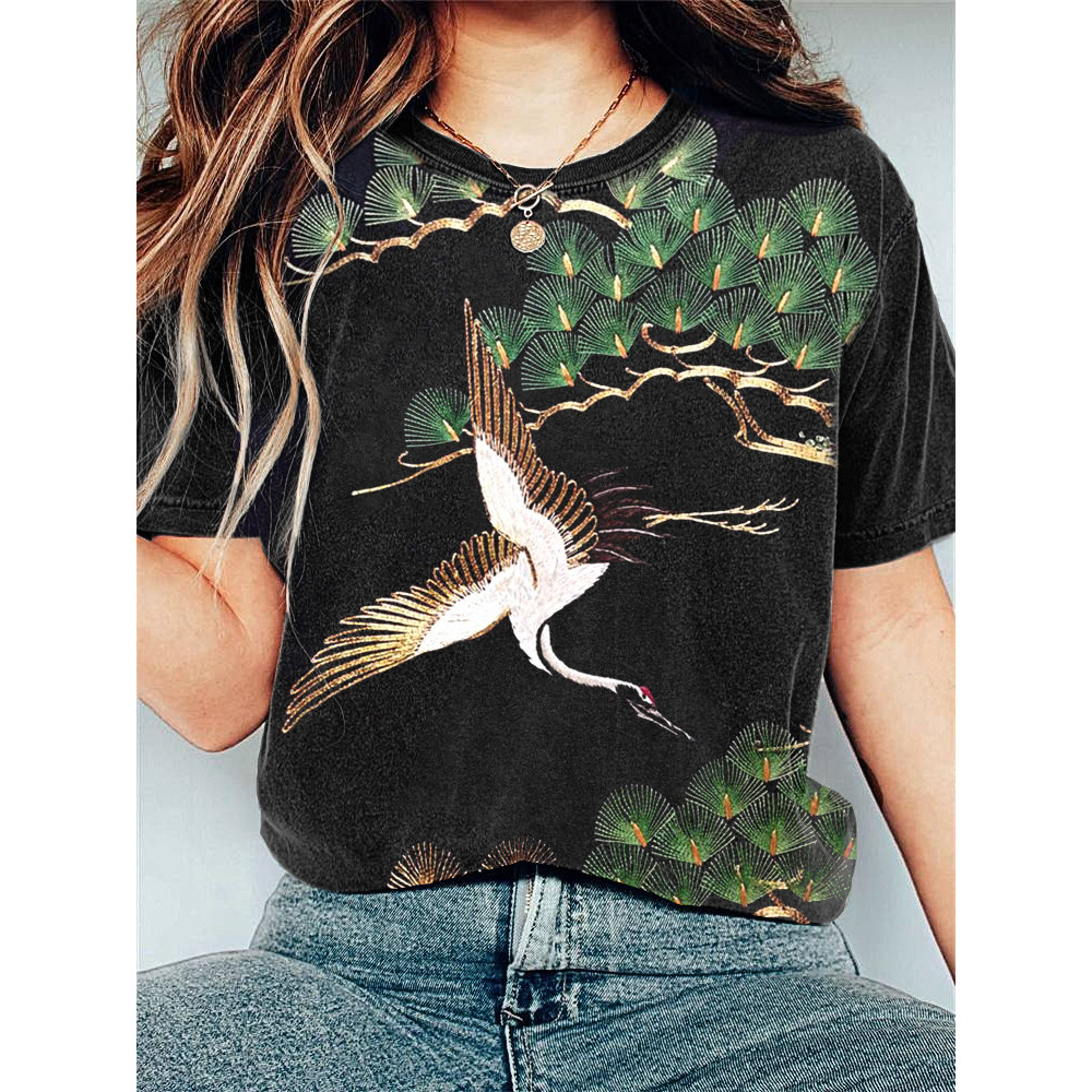 Pine Tree & Crane Japanese Art Print Cotton T-Shirt