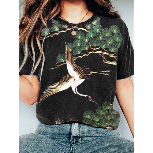 Pine Tree & Crane Japanese Art Print Cotton T-Shirt