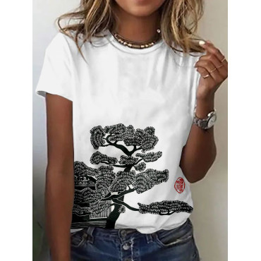 Pine Tree & Roof Japanese Lino Art Comfy T Shirt