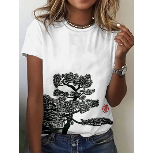Pine Tree & Roof Japanese Lino Art Comfy T Shirt