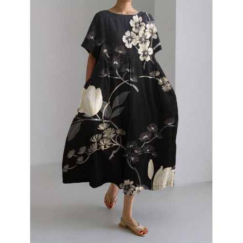 Pine Trees Floral Japanese Art Linen Blend Maxi Dress