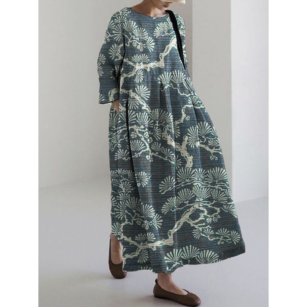 Pine Trees Japanese Lino Art Linen Blend Maxi Dress