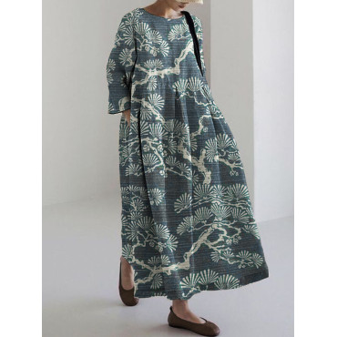 Pine Trees Japanese Lino Art Linen Blend Maxi Dress