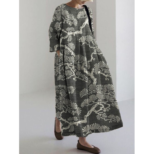 Pine Trees Japanese Lino Art Linen Blend Maxi Dress
