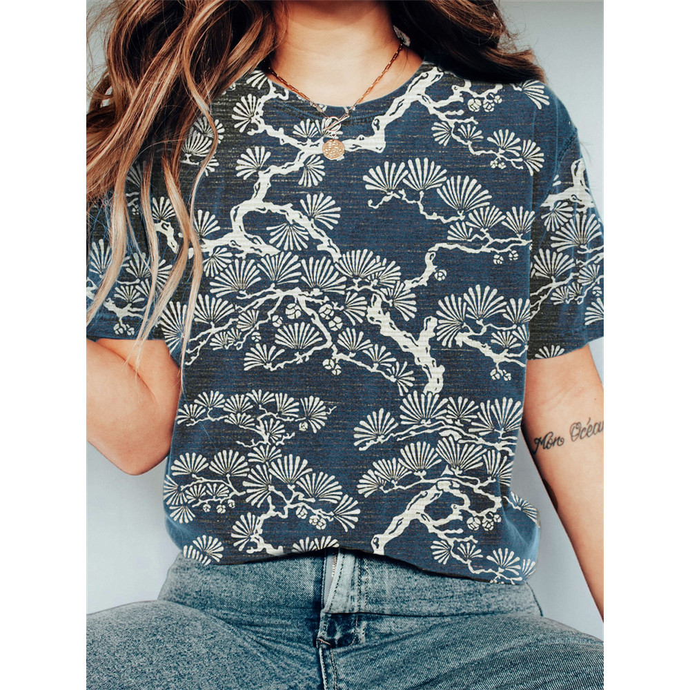Pine Trees Japanese Lino Art Vintage T Shirt