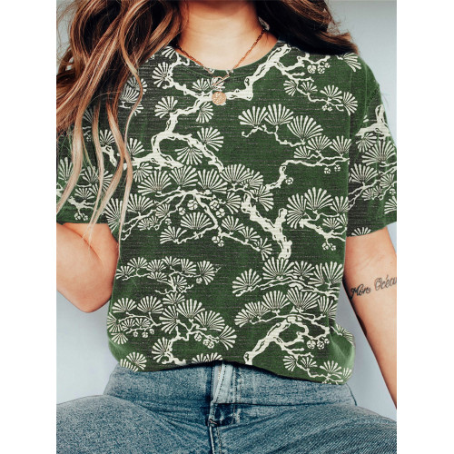 Pine Trees Japanese Lino Art Vintage T Shirt
