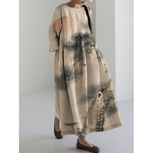 Pine Trees Sunrise Japanese Art Linen Blend Maxi Dress