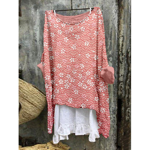 Pink Seigaiha with White Sakura Blossoms Art Linen Blend Flowy Tunic