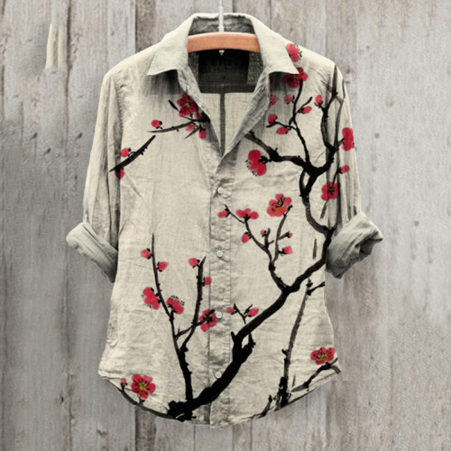 Plum Blossom Art Print Long Sleeve Cotton And Linen Shirt