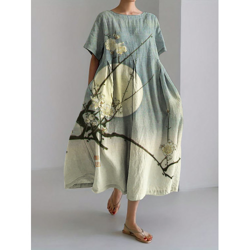 Plum Blossom Full Moon Gradient Japanese Art Linen Blend Maxi Dress