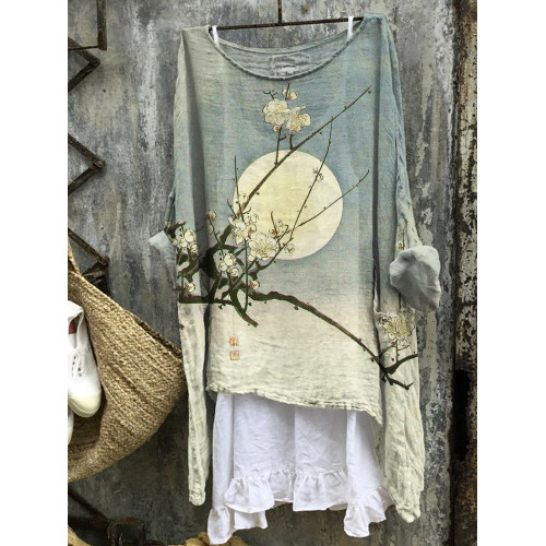 Plum Blossom Full Moon Gradient Japanese Art Linen Blend Tunic