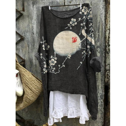 Plum Blossom Full Moon Japanese Art Linen Blend Tunic