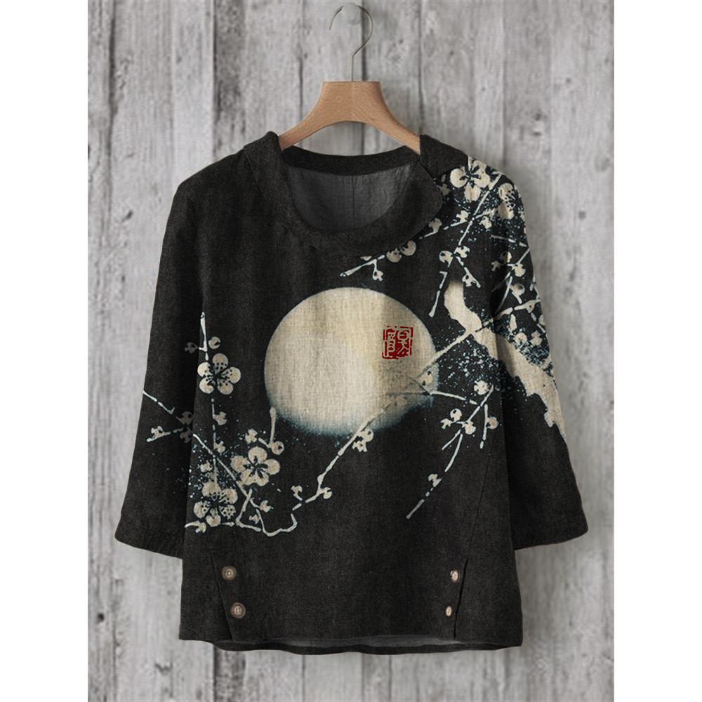 Plum Blossom Full Moon Japanese Lino Art Linen Blend Tunic