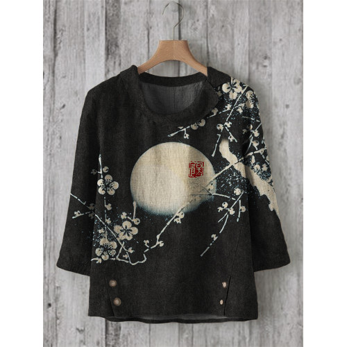 Plum Blossom Full Moon Japanese Lino Art Linen Blend Tunic