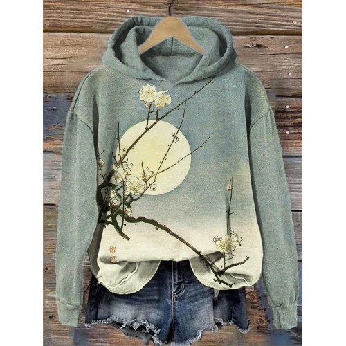Plum Blossom Full Moon Night Gradient Japanese Art Hoodie