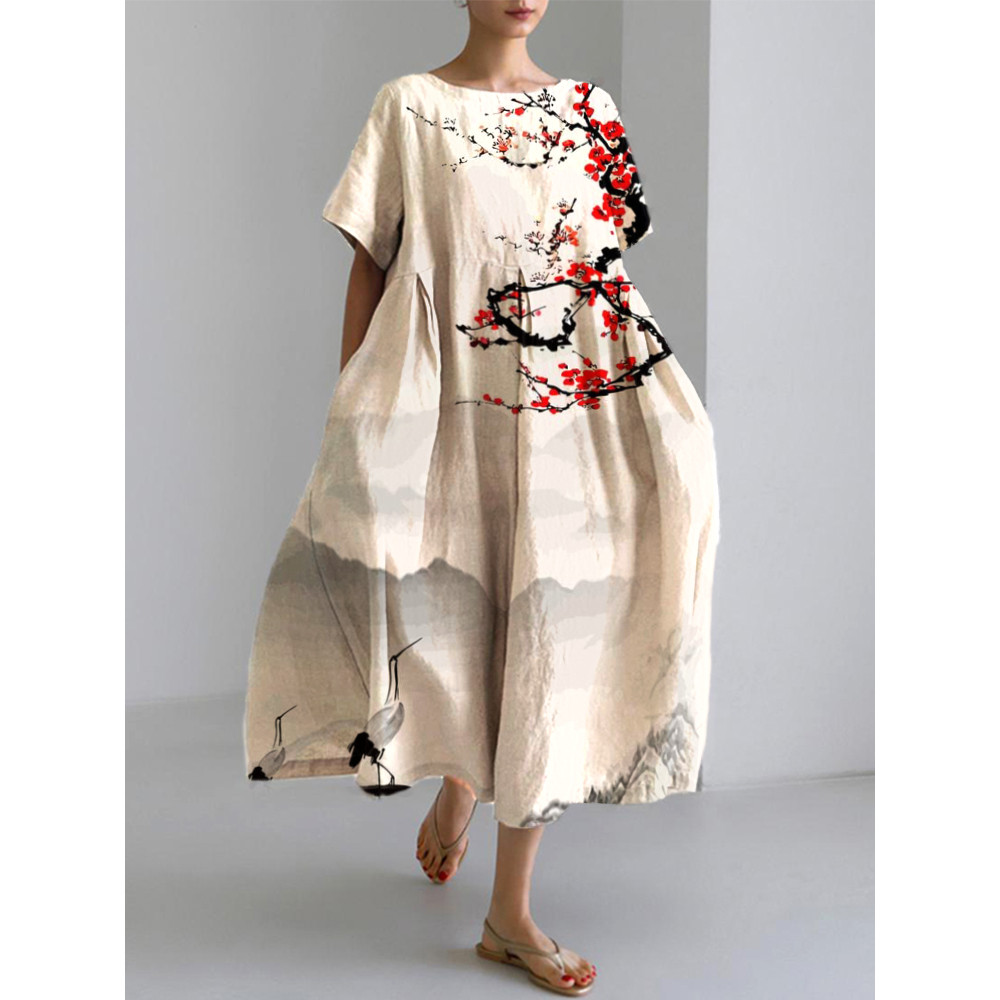 Plum Blossom Japanese Art Linen Blend Casual Dress