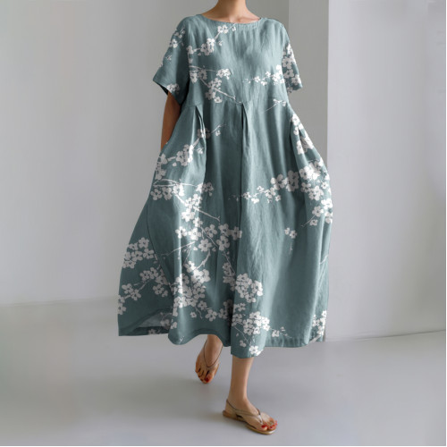 Plum Blossom Japanese Art Linen Blend Maxi Dress