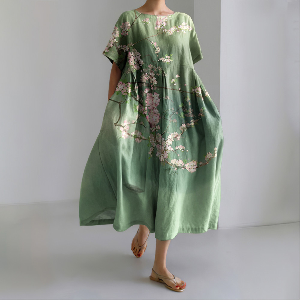 Plum Blossom Japanese Art Linen Blend Maxi Dress