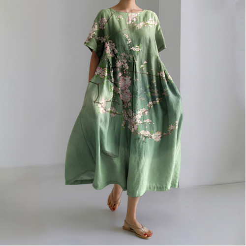 Plum Blossom Japanese Art Linen Blend Maxi Dress