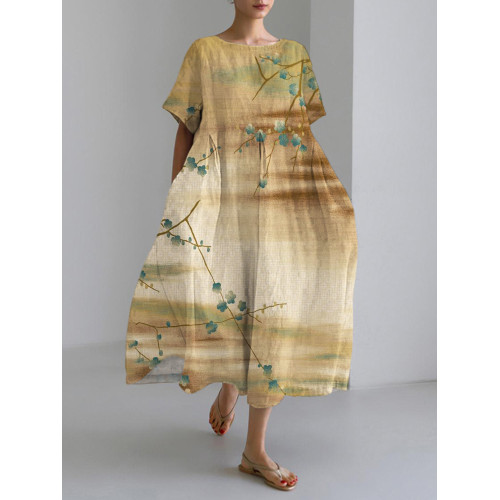 Plum Blossom Japanese Art Linen Blend Maxi Dress