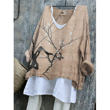 Plum Blossom Japanese Art Linen Blend Tunic