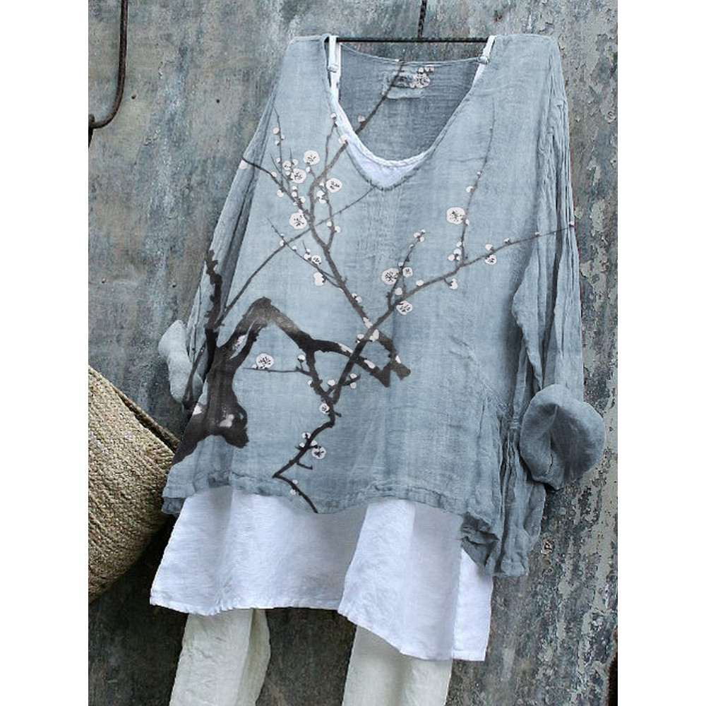 Plum Blossom Japanese Art Linen Blend Tunic