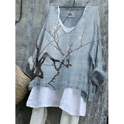 Plum Blossom Japanese Art Linen Blend Tunic