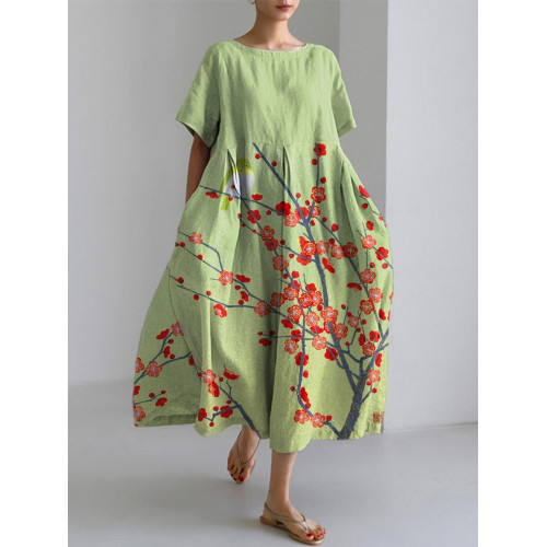 Plum Blossom Japanese Art Print Cozy Linen Dress
