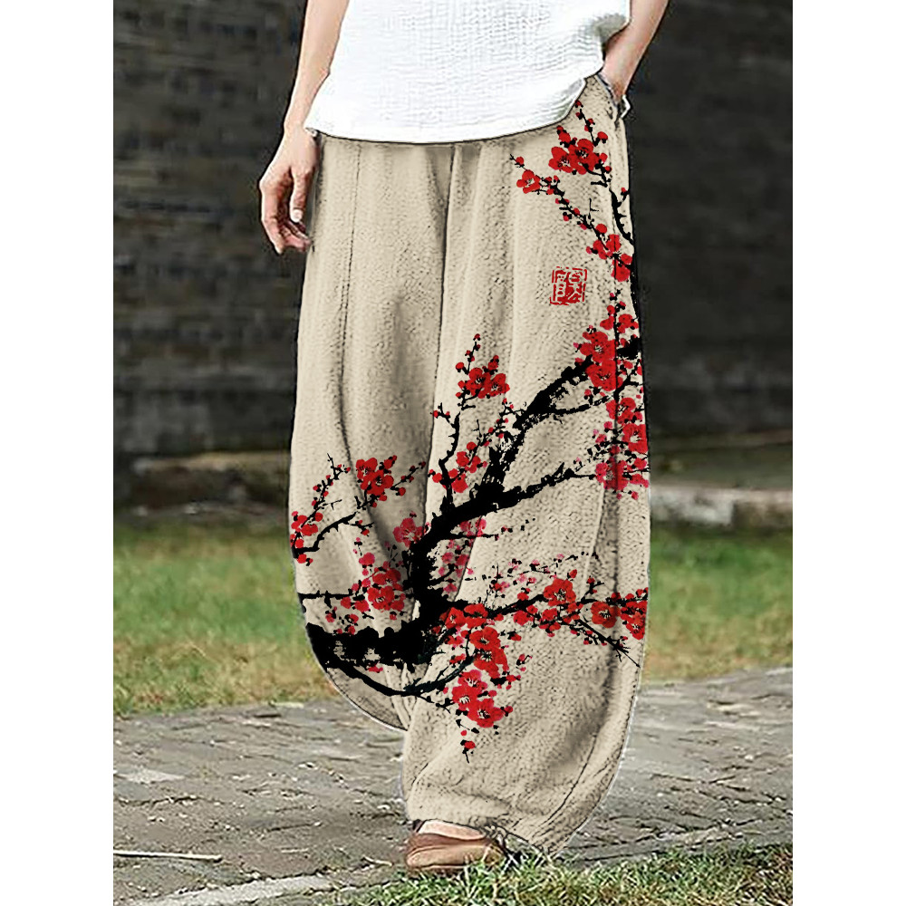 Plum Blossom Japanese Brush Art Linen Blend Wide Leg Pants