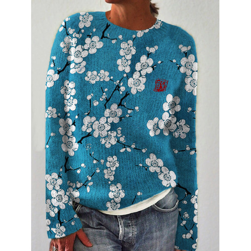 Plum Blossom Japanese Lino Art Cozy Sweater