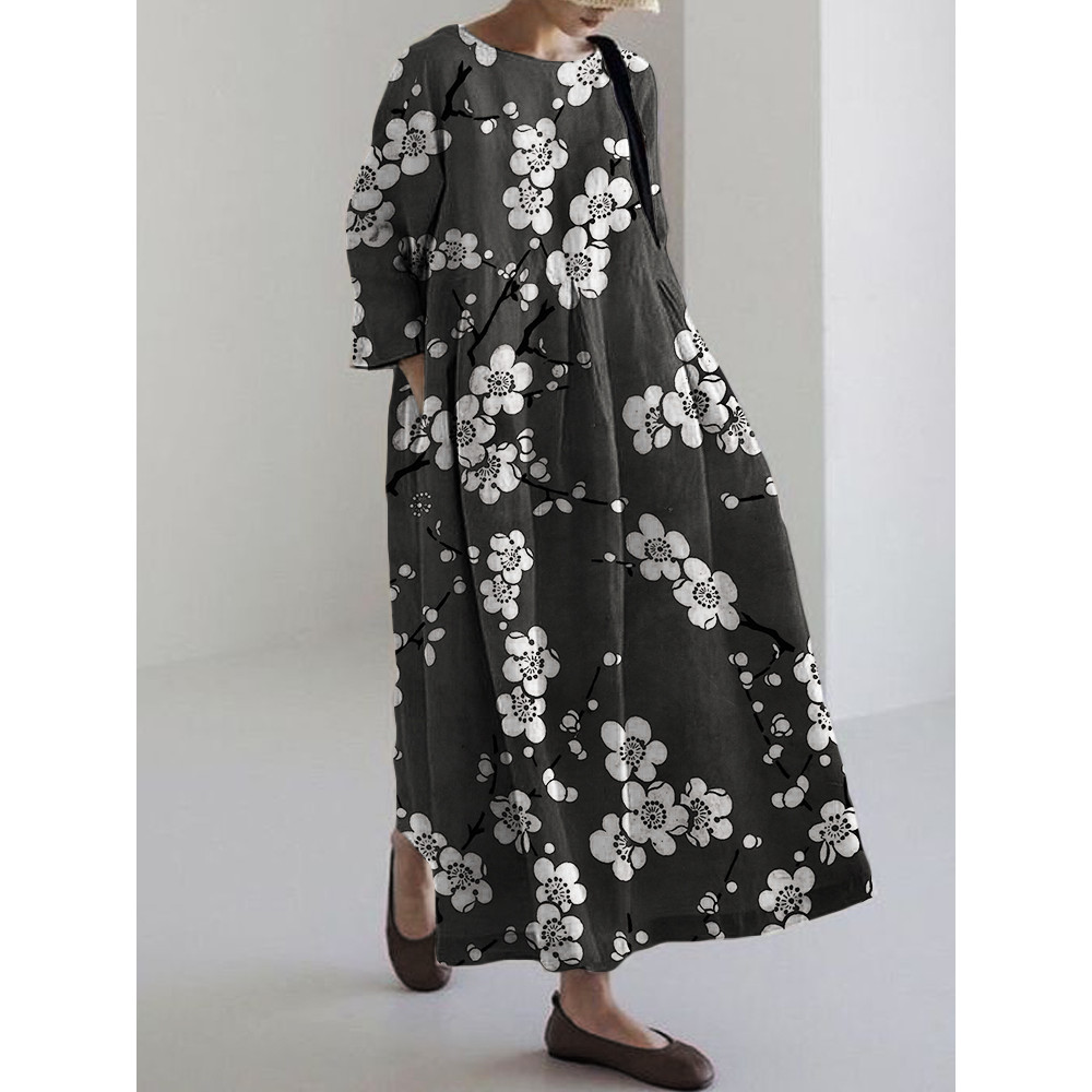 Plum Blossom Japanese Lino Pattern Linen Blend Maxi Dress