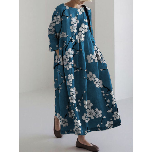 Plum Blossom Japanese Lino Pattern Linen Blend Maxi Dress
