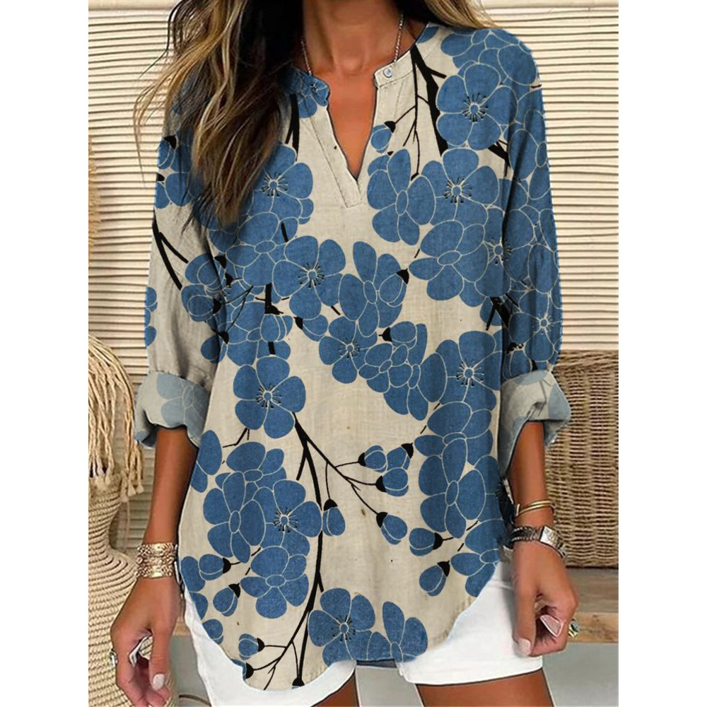 Plum Blossom Japanese Pattern Linen Blend Tunic