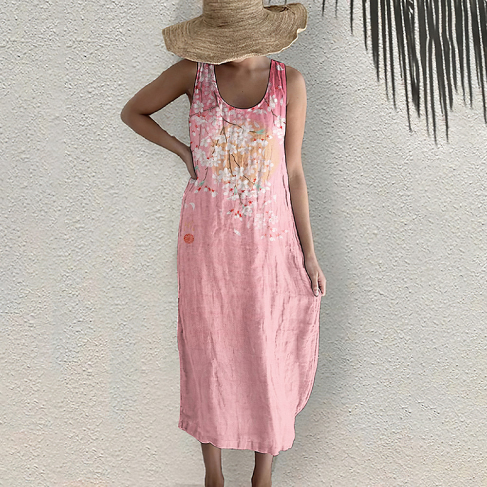 Plum Blossom Print Sleeveless Linen Blend Midi Dress