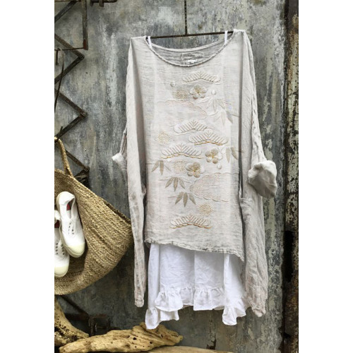 Plum & Bamboo Leaf Japanese Art Embroidery Long Loose Blouse