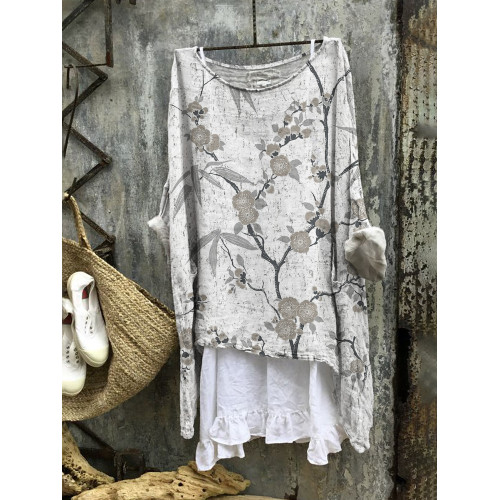 Plum & Bamboo Leaf Print Linen Blend Tunic